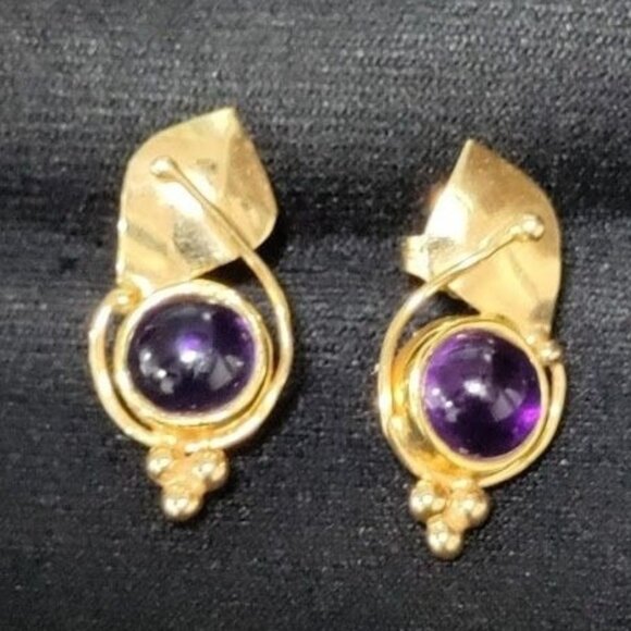 Gold Plated Round Amethyst Stone Leaf Stud Earrings - Picture 1 of 5